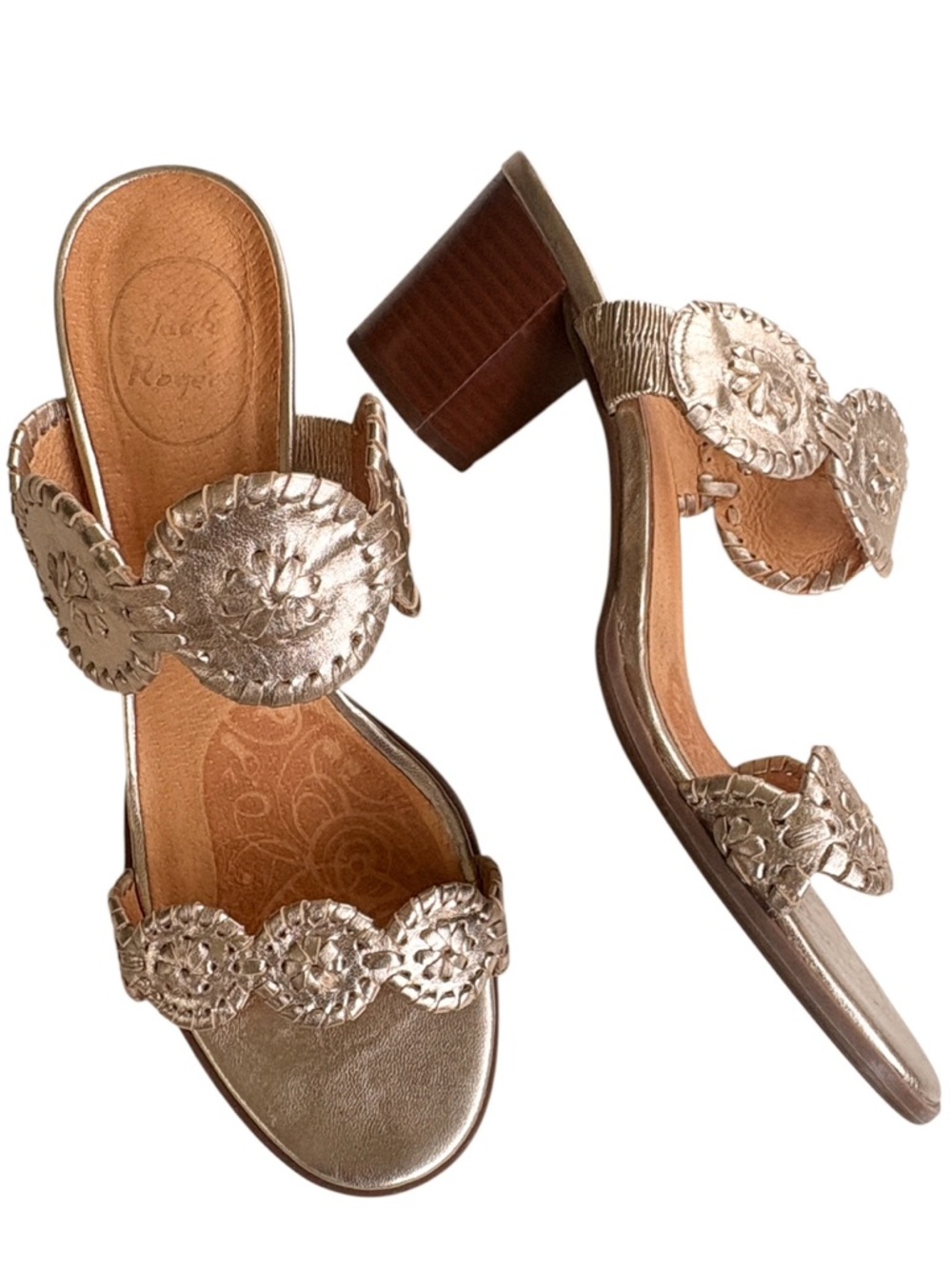 EUC Jack Rogers Leather Whipstitch Medallion Heeled Sandals Gold Size 9